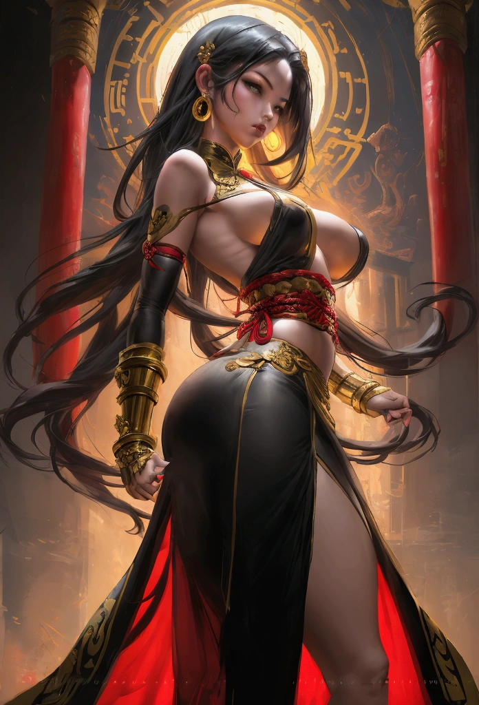 street fighter style of a girl with long black hair, wearing a very short, ripped, sexy traditional Chinese dress, beautiful breasts, beautiful butt, beautiful girl, in front of Buddhist temples at sunset, vibrant, dynamic, arcade, 2D fighting game, highly detailed, reminiscent of Street Fighter series,