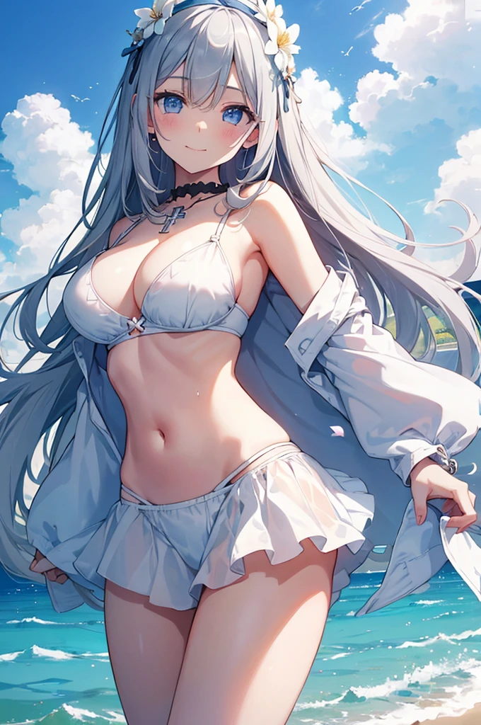 ((girl kawaii)), a extremely delicate and beautiful girl, beautifully painted, cute, sense of digital, best detailed girl, lying on the lake, wet, girl, young, long hair blown up, Hair with flower, (grey hair), cute face, (smile), complex details beautiful and delicate eyes, closed mouth, (large breasts), thighs, pale blue eyes, white skin, hairband, cross necklace, Bracelet, (white bikini), cardigan, white Clothes, (beach),( beautiful blue sky and white clouds), bloom effect, (((wallpaper 8k CG))), ((absurdres)), masterpiece