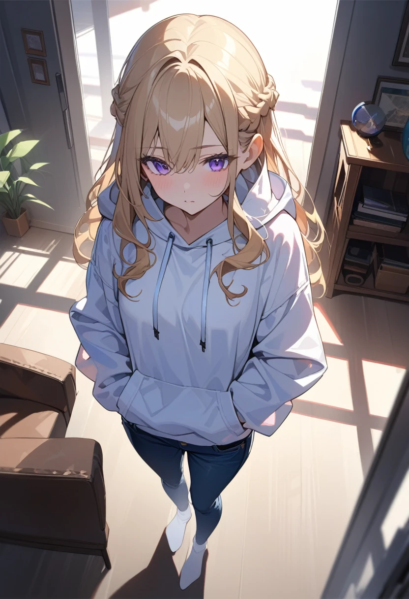 masterpiece, best quality, extremely detailed, ultra detailed, flat anime, 2D, 1girl, (young adult:1.2),blonde hair, (semi-long hair:1.2), curly hair, french braid, medium breasts, purple eyes, tsurime, height 1.7meters, white hooded sweatshirt, jeans,bracelet, long sleeves,socks, full body, portrait, Top Light, spotlight
, , very interesting, summer, livingroom, standing, from above,looking away