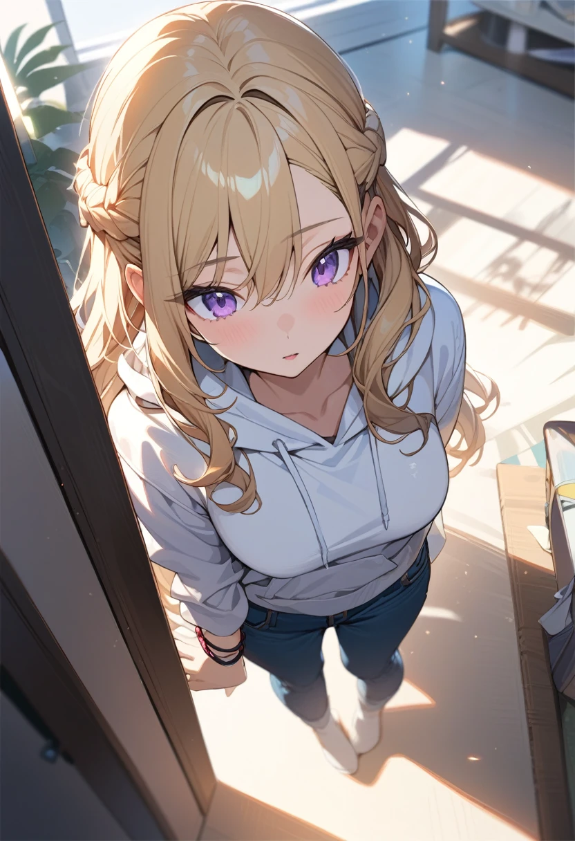 masterpiece, best quality, extremely detailed, ultra detailed, flat anime, 2D, 1girl, (young adult:1.2),blonde hair, (semi-long hair:1.2), curly hair, french braid, medium breasts, purple eyes, tsurime, height 1.7meters, white hooded sweatshirt, jeans,bracelet, long sleeves,socks,  full body,  portrait, Top Light, spotlight
, , very interesting, summer, livingroom, standing, from above,looking away