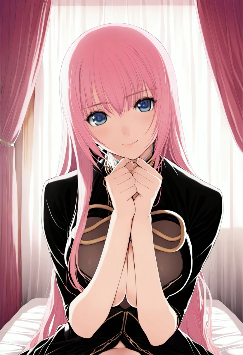 masterpiece,1Girl,Megurine Luka,E cup breasts,Pink long hair,blue eyes,Black Uniform,smile,bedroom,