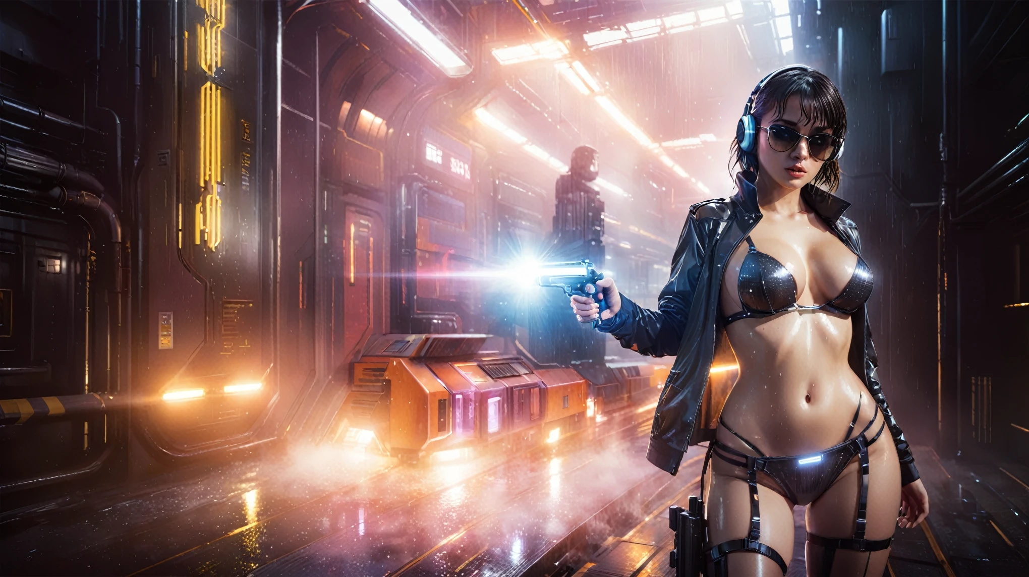 (((aerial view))), Blade Runner style futuristic railway platform, hi-tech train, neon lights, rainy night. (1girl, solo, alone), large-breast:1.2 slim body, cleavage:1.1, sexy lingerie with wet jacket, headphone, (black sunglasses), (((she raised a pistol:1.8 and shot:1.8 the viewer))), dynamic pose, (((half-body thigh level medium shot))), cinematic lighting, lens flare, ray tracing, blurred:1.4 background.