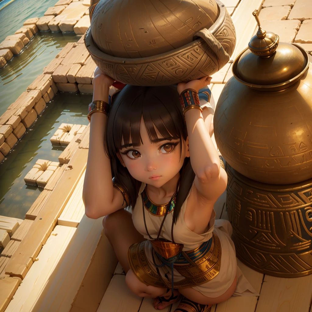 かわいいAncient Egyptの15歳の女の子、Ancient Egypt、View of the Nile、A colorful view of the whole、whole body、Low - Angle、Standing posture、Reeds are growing、Ancient Egyptの船、Ancient Egyptの風景、Sunset、