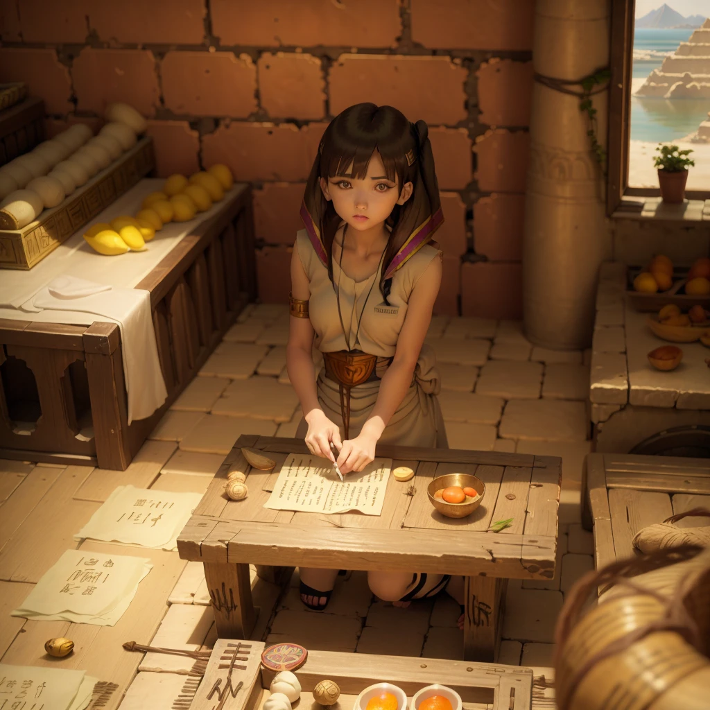 かわいいAncient Egyptの15歳の女の子、Ancient Egypt、View of the Nile、A colorful view of the whole、whole body、Low - Angle、Standing posture、Reeds are growing、Ancient Egyptの船、Ancient Egyptの風景、Sunset、