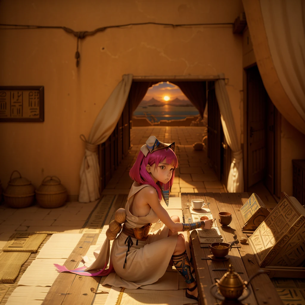 かわいいAncient Egyptの15歳の女の子、Ancient Egypt、View of the Nile、A colorful view of the whole、whole body、Low - Angle、Standing posture、Reeds are growing、Ancient Egyptの船、Ancient Egyptの風景、Sunset、