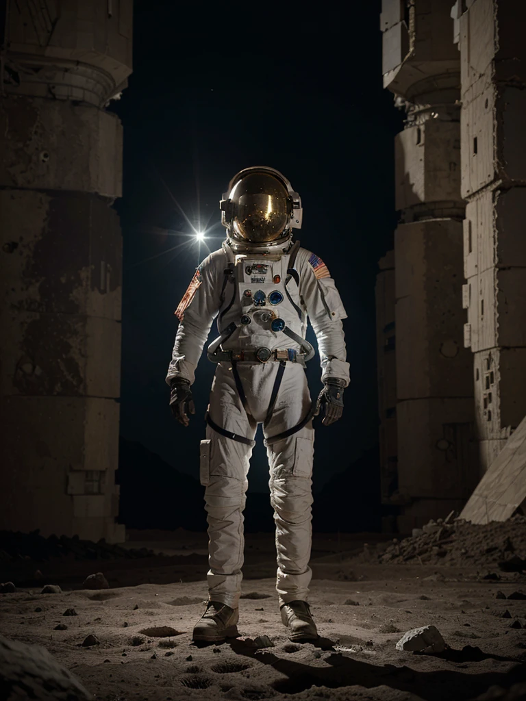 1 astronaut, Space suit. detailed. Standing on a bronze plate. lunar environment, with Ruins of a lunar extraterrestrial civilization. Space module in the background. Quartz rocks around. Dim lighting. 1:1 hyperrealistic, cinematic, 4k 8k. Scifi fund.