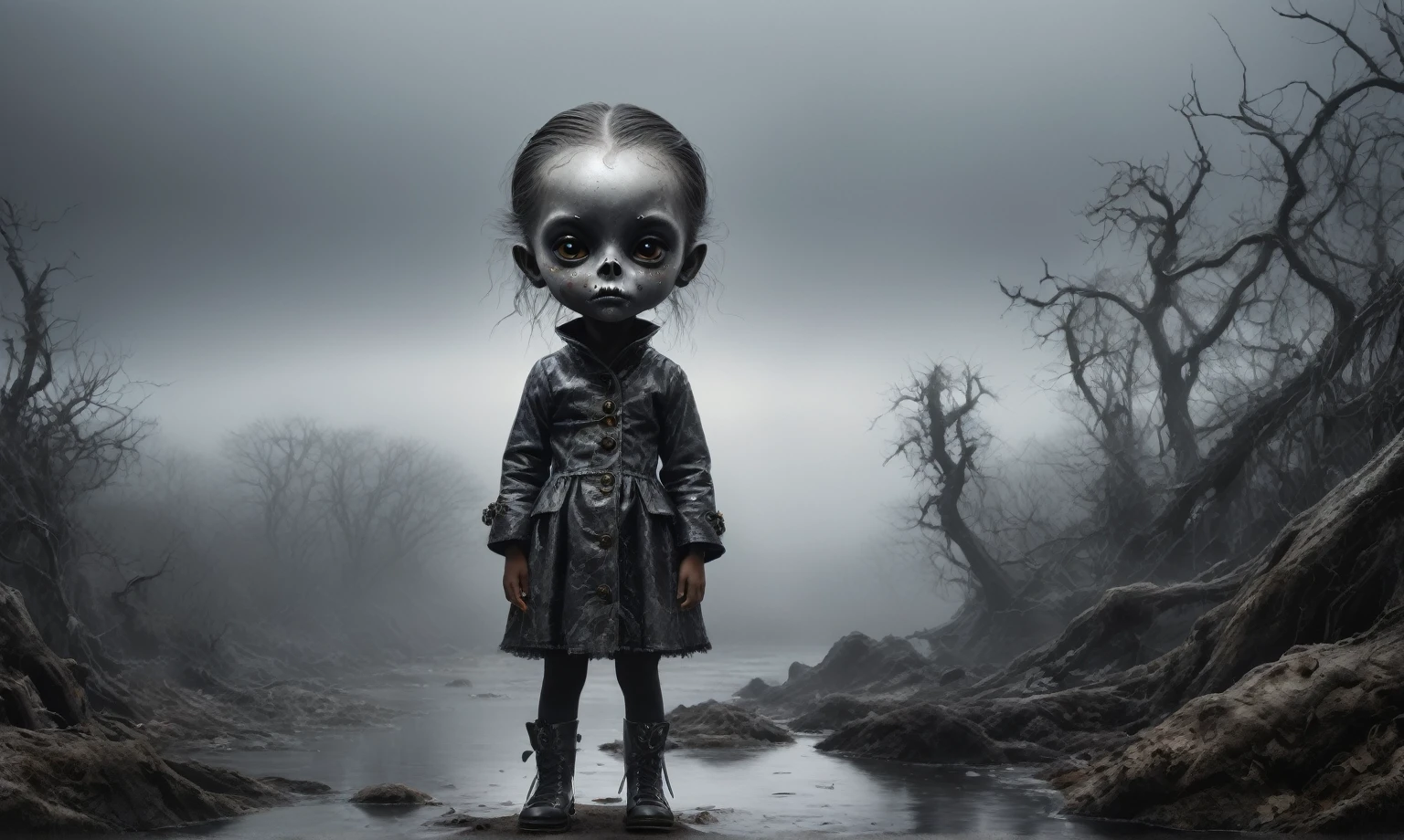 graphite baby witch,after a psychiatric clinic,winter,intricate landscape,slate grey atmosphere,glare eyes,film grain,dramatic light,woods,luminous eyes,extremely detailed, landscape,masterpiece,intricate details,faded,eyes extremely detailed,fish high detailed eyes,16k resolution,RAW, Nikon Z9,full-body-shot,Vview from height,full body length shot,vampire,babygirl,native african,once lovely face,jealous,another world,ring of truth,French Braid ,16k resolution,RAW, Nikon Z9, jimmy chin,view from height,babygirl,pretty face,eyebrow up,full body shot,ominous landscape,glate gray atmosphere,by art Simon Stalenhag,Nicola Samori,(((Wangechi Mutu))),prime colors,Lisa Frank,urban,extremely detailed, masterpiece,intricate details,fade,niobium lather,Spain,"(The best lighting, dark, dramatic),(alien almost skull fetus, Hellraiser, Scars, , terror.),(perl-white eyes, calaveras). morning light.