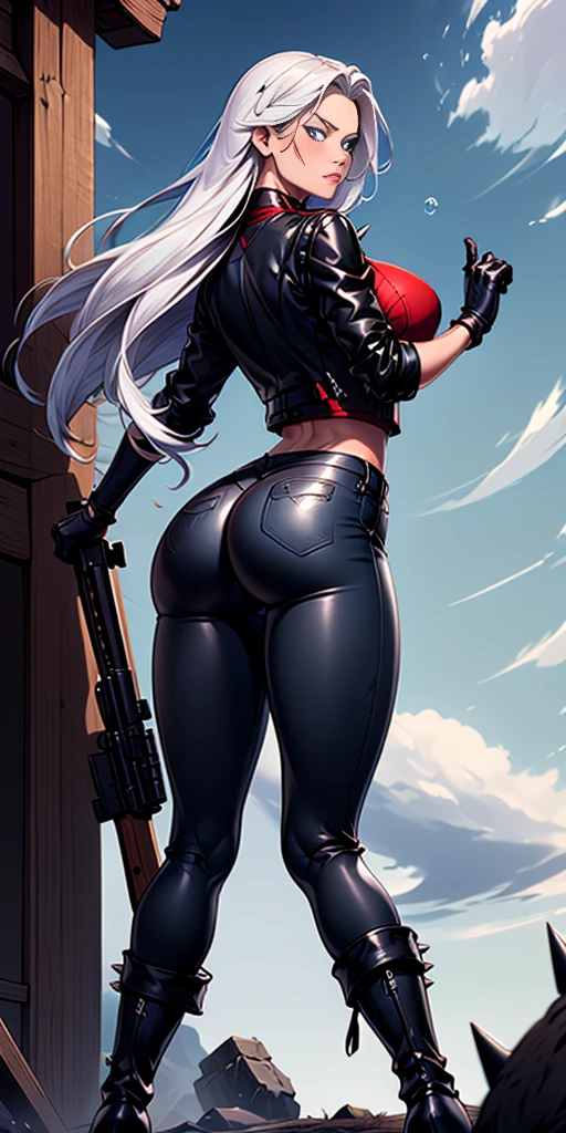 Setting: I want you to draw a woman with the following characteristics: height of 176, bubble butt, C cup breasts, long white hair, white skin, YInMn blue eyes, a wolf tail, Japanese-Greek features, very beautiful, with a sniper rifle hanging on her back, dressed in slightly torn black pants, black military boots, red t-shirt, black leather jacket with metal spikes and black leather gloves with front view