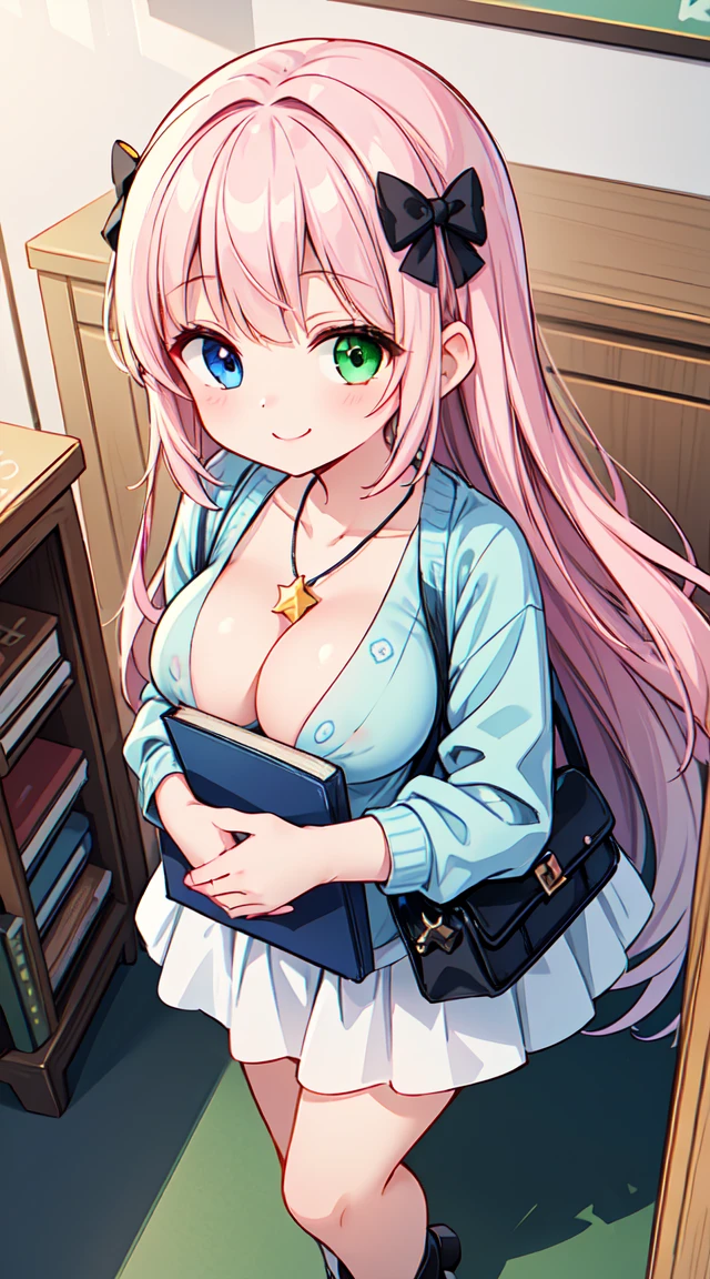 (Ultra-fine illustrations:1.2),(masterpiece, 8k), (最high quality, high quality:1.4), Perfect Anatomy, Super detailed, Super detailed,masterpiece background,Beautifully detailed backgrounds, v8k wallpaper,Perfect design,Award-winning art,Atmospheric,,
break, Beautiful girl, (),alone,(cute:1.5),(Little:0.6),(cute:1.5),(:1.5),break,(17-year-old girll,Very detailed,colorful,Best details,Clear Skin,Glowing Beautiful Skin,shy,Very detailed,colorful,Best details,break,Clear Skin,Glowing Beautiful Skin,shy skin,break,(Heterochromia iridis,blue eyes,Green Eyes, Eye highlights,The first hyperfine star:1.45),Starry Eyes Silhouette ,break,(Pink Hair, Semi-long hair, bow:1.4),(Twin Blade,slightly curled hair,Princess Cut, Crossed bangs:1.3),(Big Breasts,Beautiful breasts:1.5),(Long eyelashes, double eyelid:1.2),alone,Glowing Skin, Clear Skin, Glowing Beautiful Skin,(最high qualityの顔),(最high qualityの明るい目),(A light smile:1.45),
break
//Fashion Mystic Book Guardian,
The dress features prints of antique books and magical symbols.,
comfortable, Oversized cardigan in complementary colors,
Vintage-inspired accessories such as brooches and cameo necklaces,
Heels designed to look like stacked magic books,
A tote bag featuring a delicate book cover illustration,
Create an academic atmosphere、Unusual frame glasses,
A feather-shaped hairpin adds a literary touch,
Antique-style jewelry, including ornate rings and bracelets,
soft, Natural makeup and unusual eyeshadow,
break
classroom, Sunset sky, Backlight,
slow, MIDD,
break,Wakame seaweed,Wakame seaweed,Wakame seaweed,(Cowboy Shot,From above:1.5)
break,(Blurred Background:1.3),(Absurd, High resolution, Super Detail Art),Cel Shading,Clear Color, Optical Effects, beautiful photo, Bright glow, Mysterious atmosphere,(Close-up of a girl:0.7), Mysterious light particle effect,Manga influence, Beautiful line drawing,
shy,((Pink nipples),(masterpiece, Highest quality, Super detailed), One girl,white panty, View your viewers, Are standing, Sexy pose, blush, skirt, panties, (View from below),shy,miniskirt,Open clothes, spread legs,((press breasts together)),