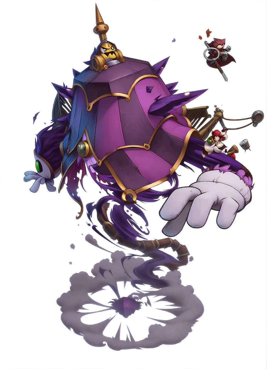 anime character with purple hair and purple wings flying through the air, style of duelyst, chrono trigger guilty gear style, character art of maple story, shalltear from overlord, official character art, guilty gear art style, rayman legends boss, shaco from league of legends, high detailed official artwork, vanillaware artwork, endgame boss