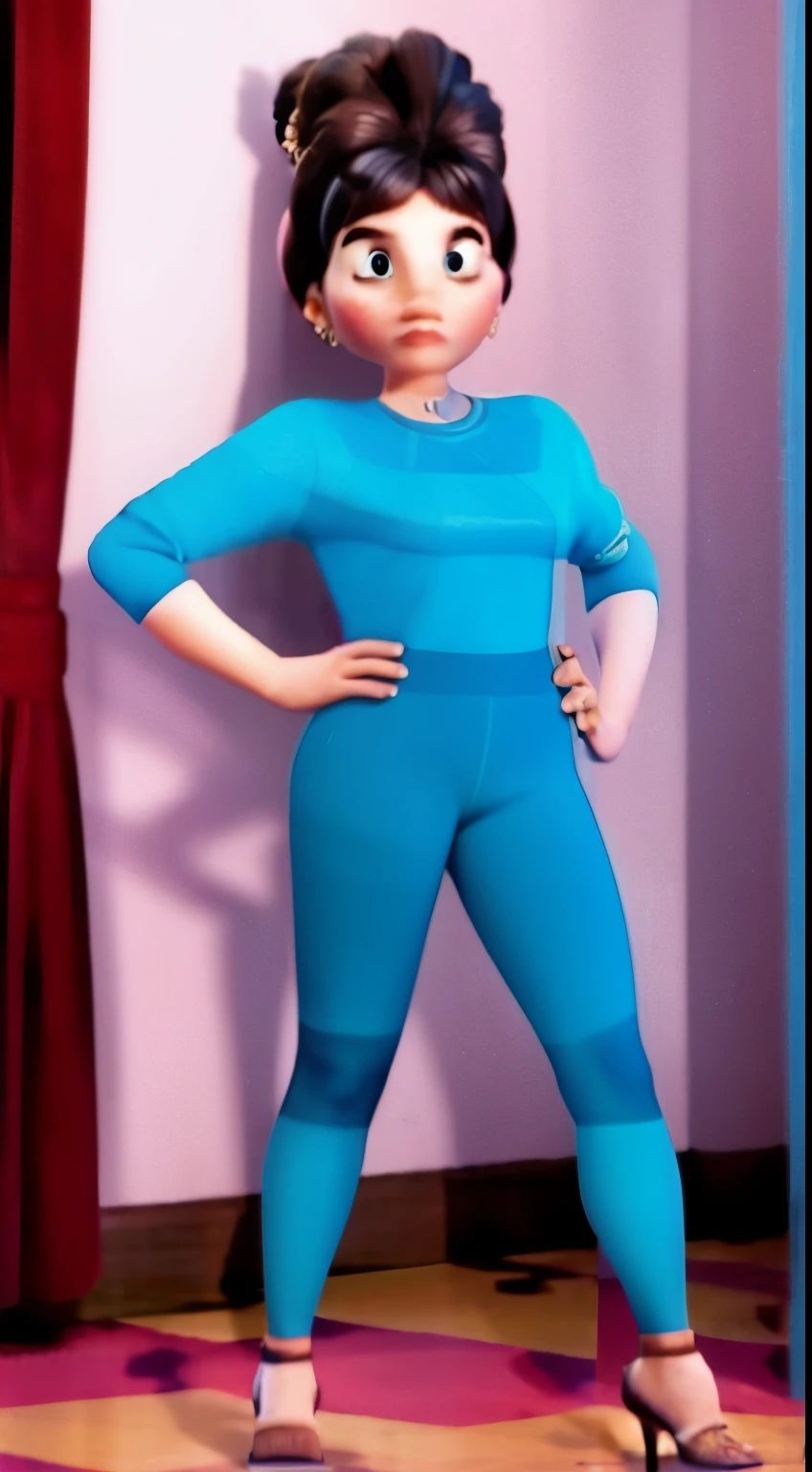 woman in black shirt and blue leggings standing in a room.