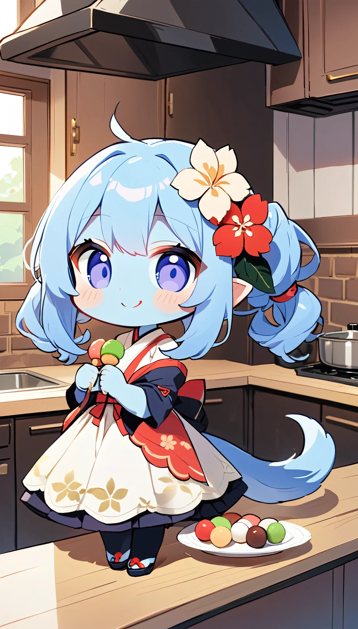 (alien woman),(Blue Skin),(Dreadlocks),(Cute tail),(((Stylish clothing))),Living in Japan,Eating mitarashi dango in the kitchen,(Mouth-watering smile),(Subtly sexy),(chibi),(Chibi Character)