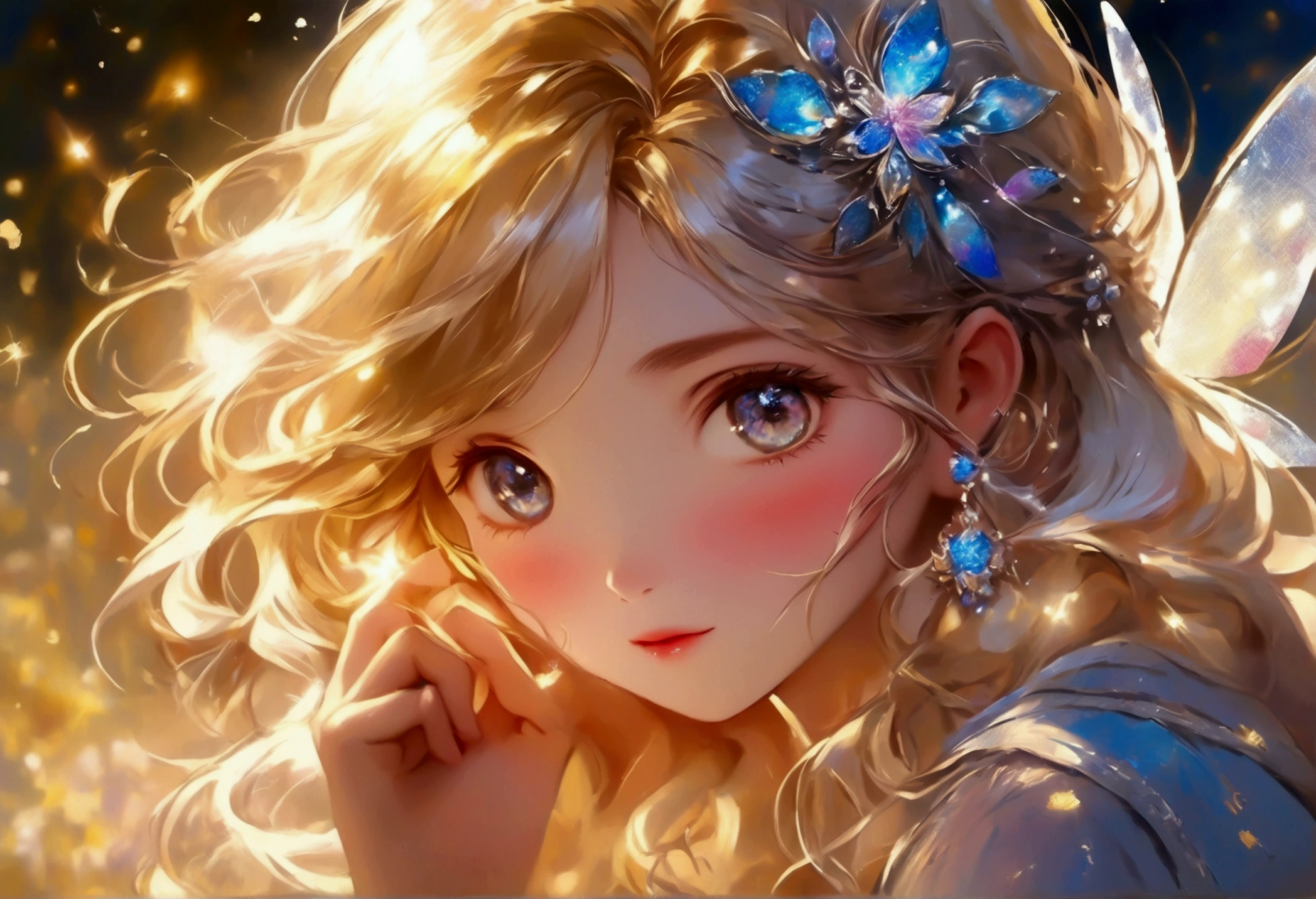 masterpiece、top-quality、Very delicate and beautiful girl、world masterpiece theater、Ultra-fine、top-quality、a blond、Hi-Res、Very elaborate、girl with、fairy、top-quality、illustratio、The viewer watching、Impasto、canvas、an oil painting、realism、realisitic、I can see the beautiful sun