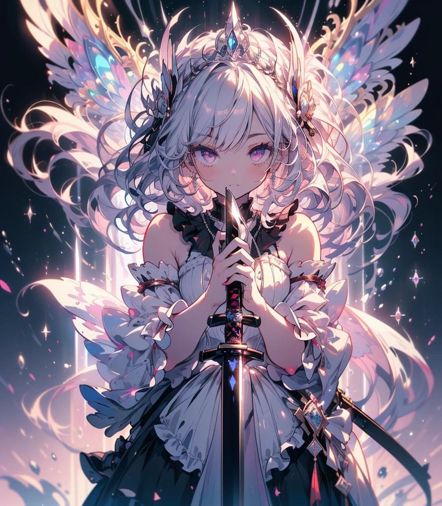 (masterpiece,Highest quality, Very detailed, beautiful, Exquisite, 16K, Full HD), ((Dark Gothic Castle Background)),((seriously,Murderous Intent:1.5)),(Pale-white flame magic),((Frills, Rhinestones and Silver,Black fluffy layered ball gown)),((Holding a sword:1.5)),(Black tiara,Black choker,Black Earrings,Black shoes,),(Silver Medium Hair,Hair blowing in the wind, Fluffy hair),(White skin,Lavender eyes, Long eyelashes, Big eyes,Pale pink cheeks,), (Tabletop, Art Station, Fantasy art:1.2),(((Upper Body)))