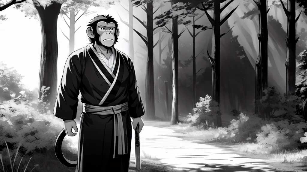 ((Masterpiece, high quality, best graphics, high definition, high definition, 4k)), old photo, vintage photo, 1 Monkey boy, (Solo), (((monkey ears, monkey tail))), ((upper body)), Wooden Katana in right hand, old samurai suit, old samurai pants, (ribbon on waist), wooden sandals, looking away, standing, (((monochrome, grayscale, pencil style, old movie style, noise, VHS movie, anime style))), (forest background, trees, tree shadow, grass, (((Saru to kani no Gassen anime 1917 style))).