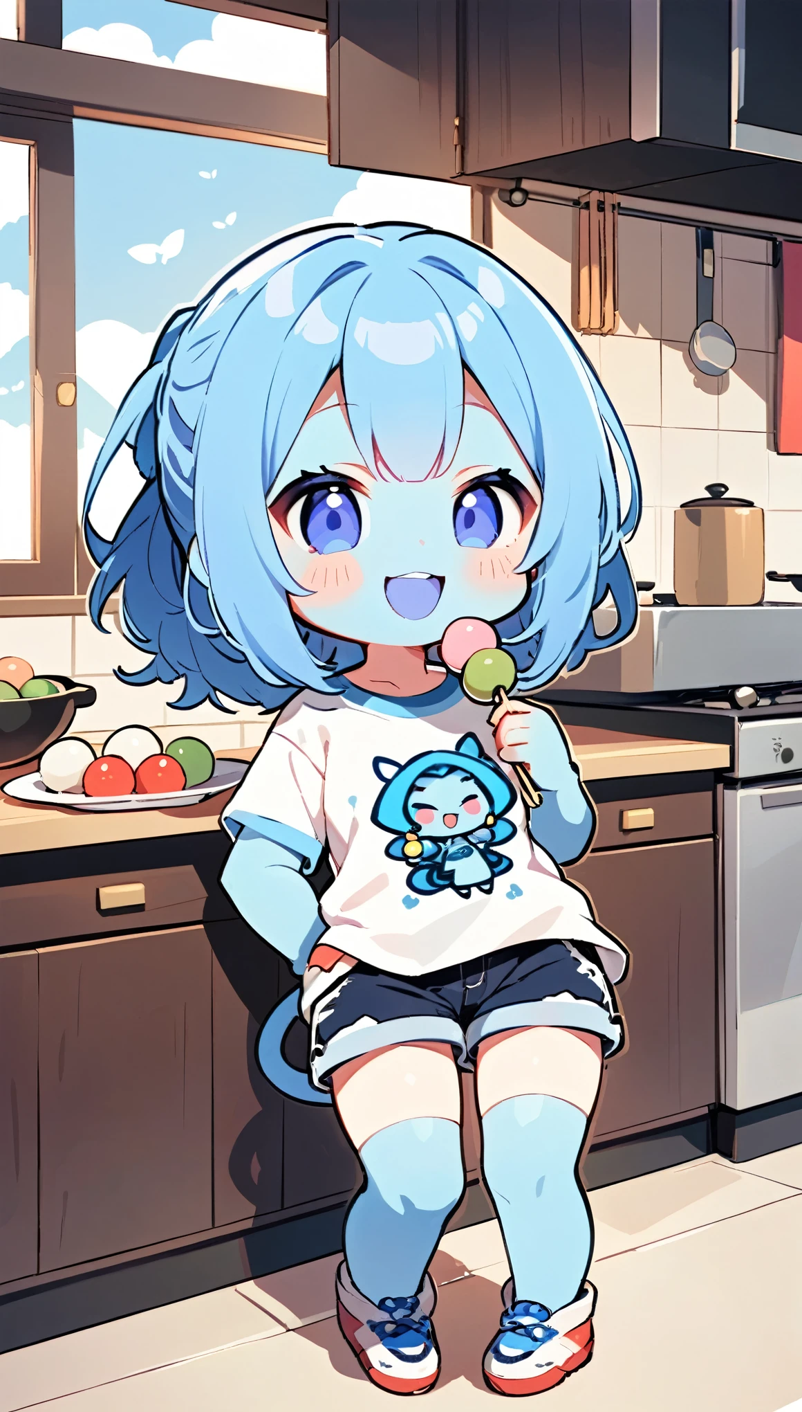 (alien woman),(Blue Skin),(Dreadlocks),(Cute tail),(((Pop T-shirt,Shorts))),Living in Japan,Eating mitarashi dango in the kitchen,(Mouth-watering smile),(Subtly sexy),(chibi),(Chibi Character)
