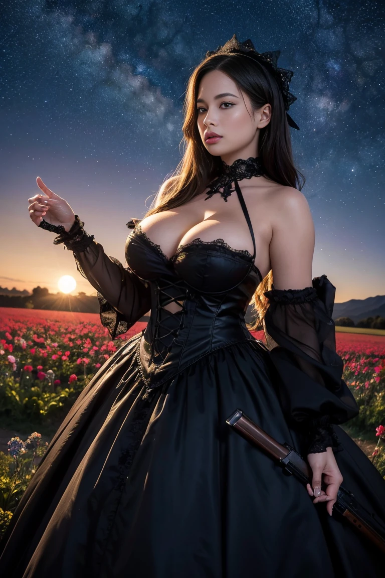 Ashley Grahamm masterpiece, high quality, 4K, Beautiful design, silhouette，bionde， Highly Detailed Starry Sky at Night, Flower Field， wonderful, Finer details,  Very knowledgeable woman, Highly detailed solo, 1 female,Big Breasts，All-white Gothic Lolita fashion，Firearms equipment，Blood splatter，Night view，Starry Sky，full moon，