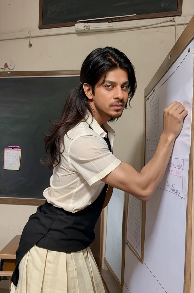 Sharukh khan ka image banao jo ek school me teacher hai aur background me white board hai aur usme ayush name likha hai