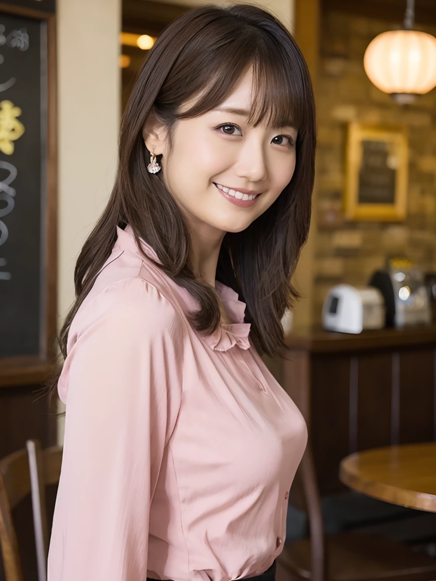 Tabletop, 最high quality, Realistic, In detail, High resolution,Beautiful Japanese Woman,Beautiful attention to detail, Beautiful lip detail, Very detailed顔, Small Head, Small areola, Cinema Lighting, Realistic, 8k, high quality, Very detailed, look at me,smile,(Pink blouse、Wild Pants ),Long Hair,(Coffee shop),(Big Breasts:0.7),(Inoue Kiyokana),whole body, (Breast bulge:0.7),thin,(Front view,throw)、whole bodyの姿(Are standing)、