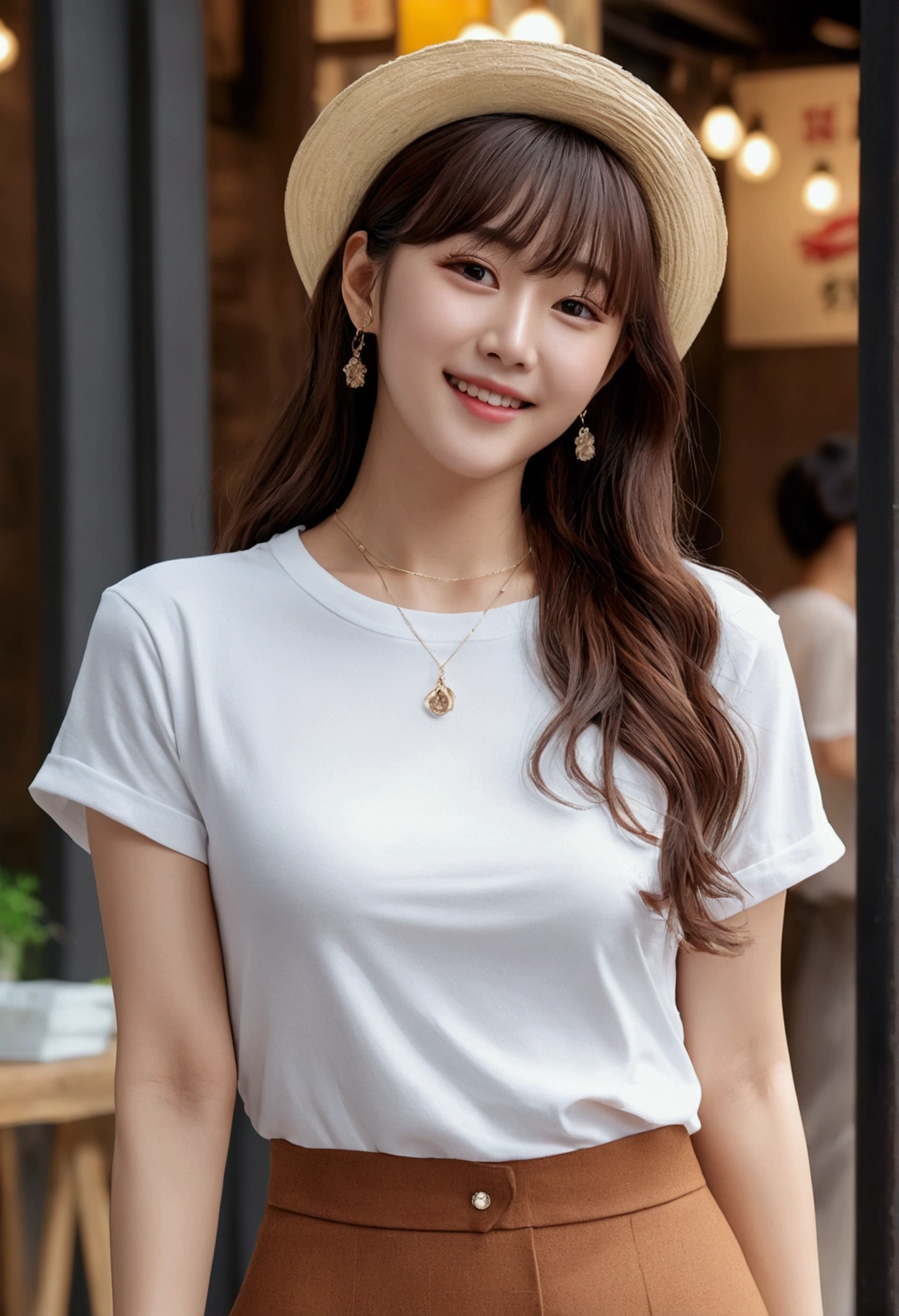 (8k、raw photo、top quality、masseter muscle fragment:1.2)、very detailed、ultra high resolution、(realistic、realistic photo:1.37)、portlate、High-quality RAW color photos、professional photography、hvery detailed and beautiful、very detailed、8k 사진 배경화면、amazingly detailed、huge file size、official art、Hvery detailed CG Unity 8k wallpapers、hvery detailed beautiful girl、more detailed face、very detailed 눈、very detailed 피부、very detailed 손가락、hvery detailed nose、very detailed 입、complete anatomy、hvery detailed back ground、Hvery detailed clothing、1 girl、(18:1.2)、heartbreak、cute들、Famous Korean idols、cute、realistic 몸、、white-skinned、glowing skin、slim body、handsome body、brown hair、semi long hair、(blunt bangs:1.2)、Curly hair、smile、cute、Jorah々right、cute faces、lifelike face、delicate eyes、order sauce、white t shirt、skirt side、귀Nipple Ring、looking at the camera、cowboy shot、looking straight ahead、standing、Contrapo, high street, public,dating street, dynamic lighting, , fly