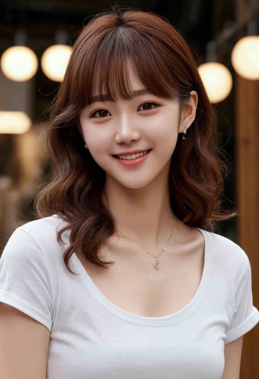 (8k、raw photo、top quality、masseter muscle fragment:1.2)、very detailed、ultra high resolution、(realistic、realistic photo:1.37)、portlate、High-quality RAW color photos、professional photography、hvery detailed and beautiful、very detailed、8k 사진 배경화면、amazingly detailed、huge file size、official art、Hvery detailed CG Unity 8k wallpapers、hvery detailed beautiful girl、more detailed face、very detailed 눈、very detailed 피부、very detailed 손가락、hvery detailed nose、very detailed 입、complete anatomy、hvery detailed back ground、Hvery detailed clothing、1 girl、(18:1.2)、heartbreak、cute들、Famous Korean idols、cute、realistic 몸、、white-skinned、glowing skin、slim body、handsome body、brown hair、semi long hair、(blunt bangs:1.2)、Curly hair、smile、cute、Jorah々right、cute faces、lifelike face、delicate eyes、order sauce、white t shirt、skirt side、귀Nipple Ring、looking at the camera、cowboy shot、looking straight ahead、standing、Contrapo, high street, public,dating street, dynamic lighting, , fly