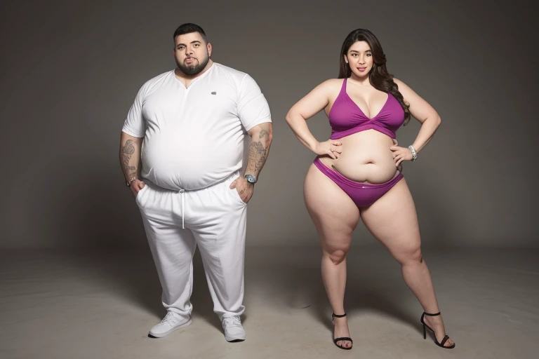 a big belly man and a big belly woman, full body shot