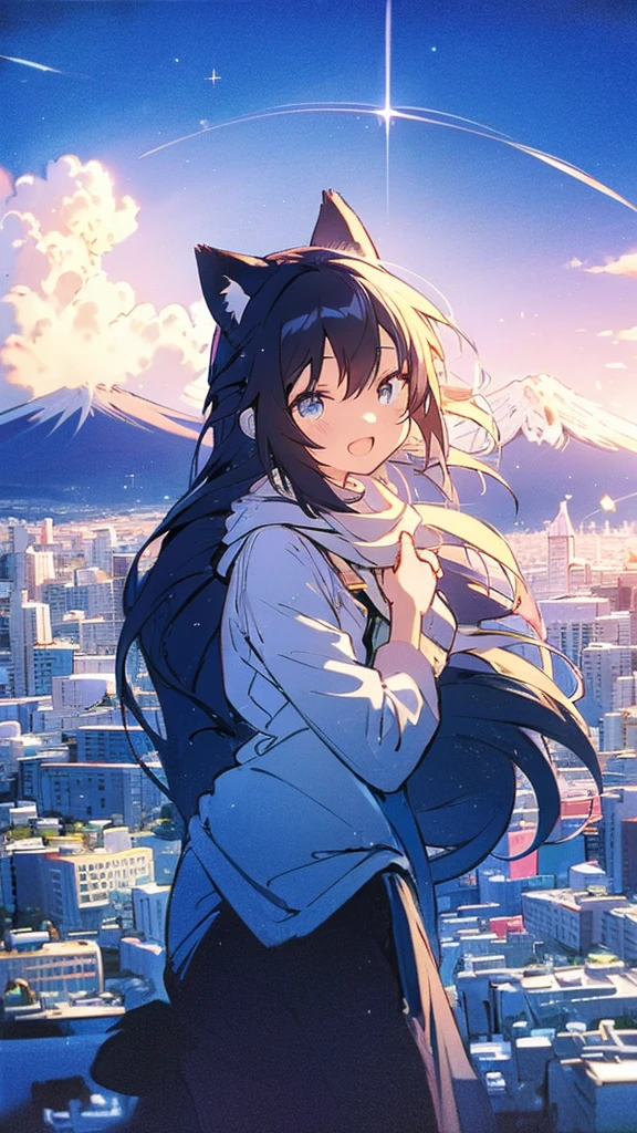 Buildings,sunset,Blue background,splash,Black haired girl with cat,Long Hair,The Giant Mount Fuji,Mount Fuji Center