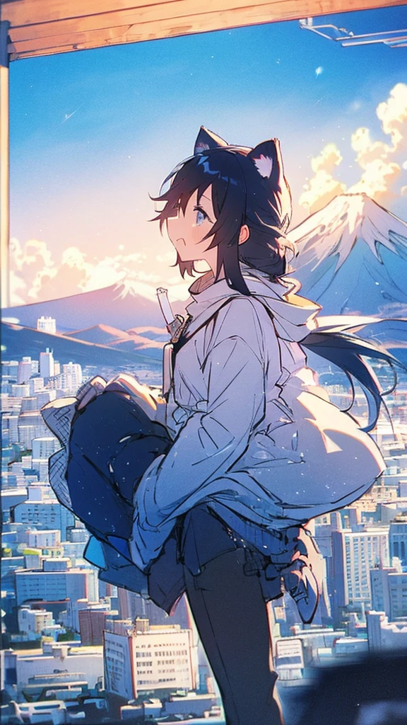 Buildings,sunset,Blue background,splash,Black haired girl with cat,Long Hair,The Giant Mount Fuji,Mount Fuji Center