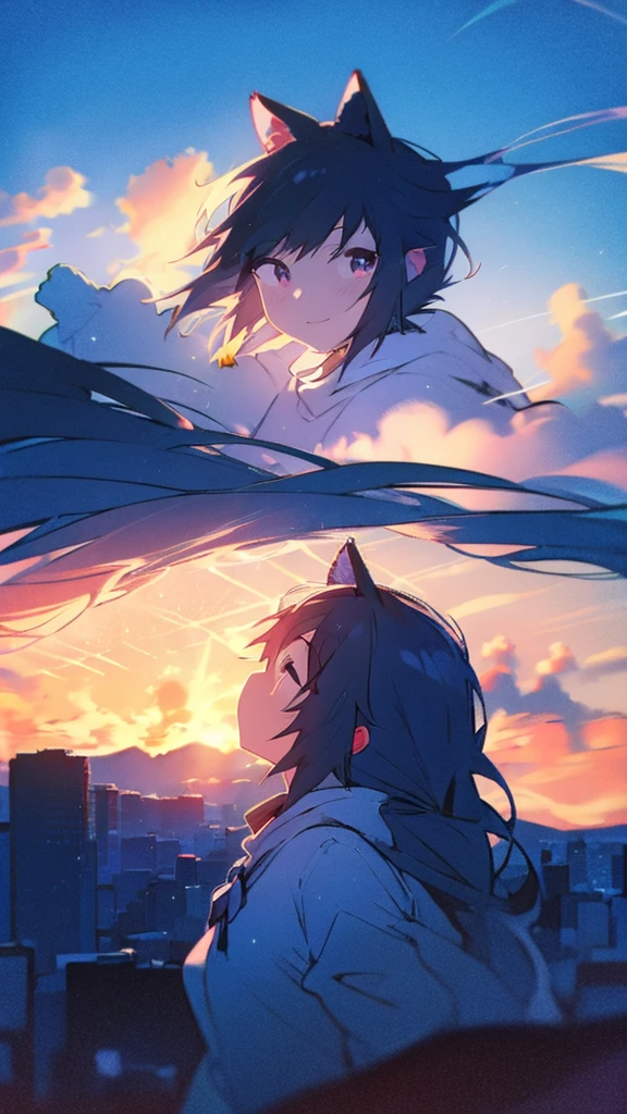 Buildings,sunset,Blue background,splash,Black haired girl with cat,Long Hair,The Giant Mount Fuji,Mount Fuji Center