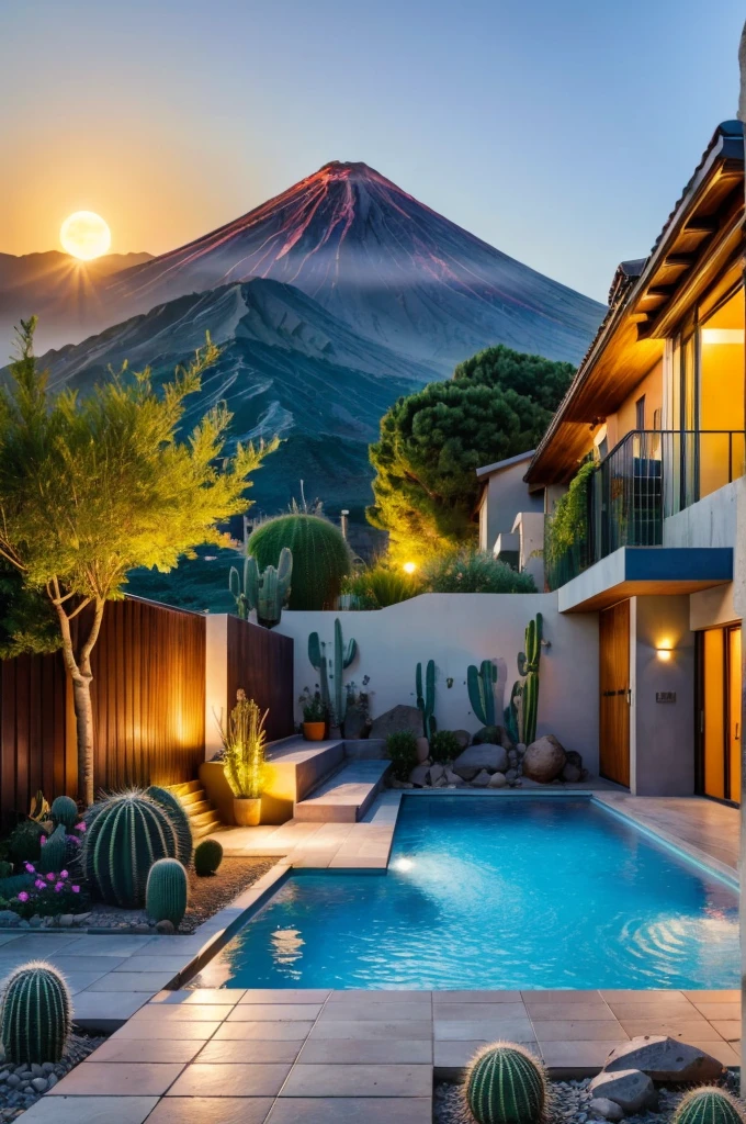 Multiple houses, brutalism style, Luis Barragán, Mountains in background, river, pool, terraces, stairs, garden terraces, trees, beautiful clouds, moon, sun, detailed, cacti, boulders, volcanic rocks, fuggy, river, lake, Violet, orange, olive green, blue, magenta, amazing volcano in horizont, beautiful garden design