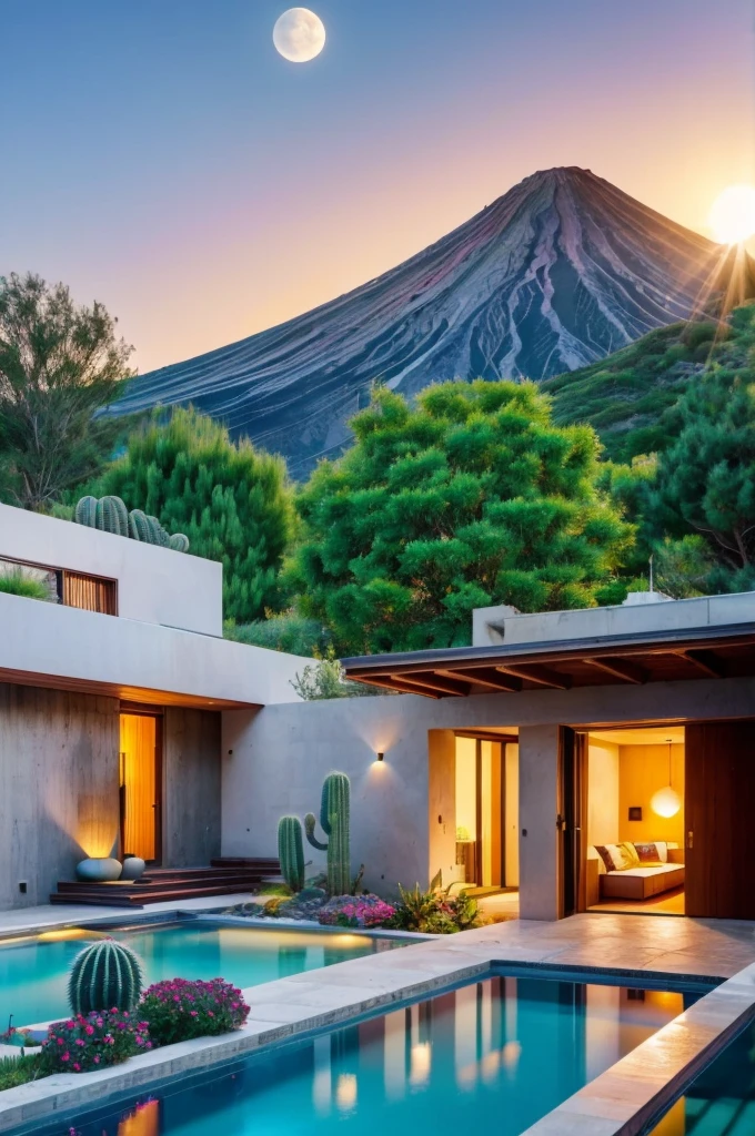 Multiple houses, brutalism style, Luis Barragán, Mountains in background, river, pool, terraces, stairs, garden terraces, trees, beautiful clouds, moon, sun, detailed, cacti, boulders, volcanic rocks, fuggy, river, lake, Violet, orange, olive green, blue, magenta, amazing volcano in horizont, beautiful garden design