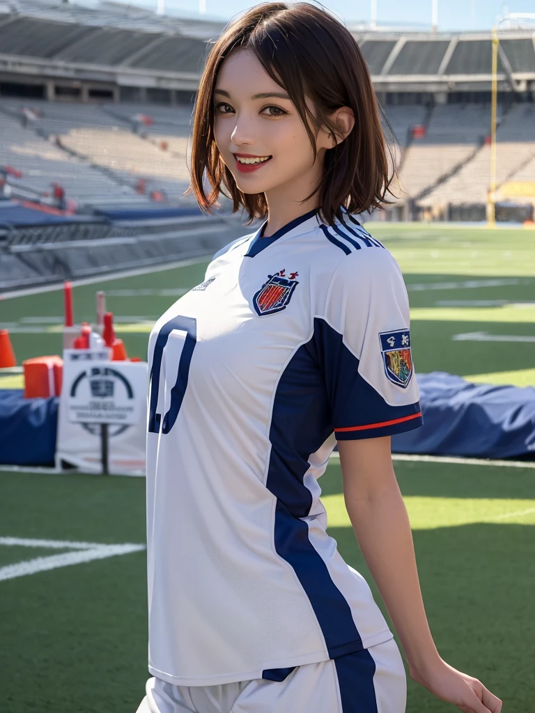 (Highest quality、8k、32K、masterpiece)、(Realistic)、(Realistic:1.2)、(High resolution)、Very detailed、Very beautiful face and eyes、(((Female solo shot)))、Frame In、Tight waist、(Highest quality、Attention to detail、Rich skin detail)、(Highest quality、8k、Oil paints:1.2)、(Realistic、Realistic:1.37)、Bright colors、(((Bust Shot)))、(((short hair)))、(((Laughter)))、(((Brown Hair)))、(((Soccer uniforms)))、(((ピンクのSoccer uniforms)))、(((Football Stadium)))、(((Enthusiastic audience)))、(((Uniform without lines)))、Short sleeve uniform、There are no lines on the sleeves