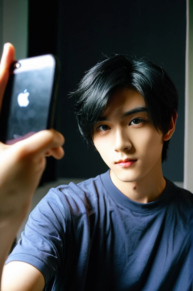 One boy, Young man with black hair ((Mash straight hair)),Male idol style, Medium size portrait, Oval Face, vivid,In a dark room Taking a selfie with your smartphone,(In a dark room)
