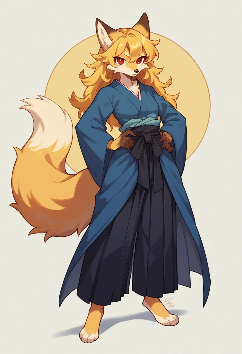 (full body,,The left hand is on the hip),((The right hand is out in front,)),small breasts,Adult female fox, Furry, Golden fur, Golden facial fur, long golden hair, The hair on his hands is golden, Golden yellow hair on the back of the hand, Light-filled eyes, Red eyes, Brown elements of fur,A plain dark blue kimono,Black Hakama,Very fine fur, Fluffy tail,