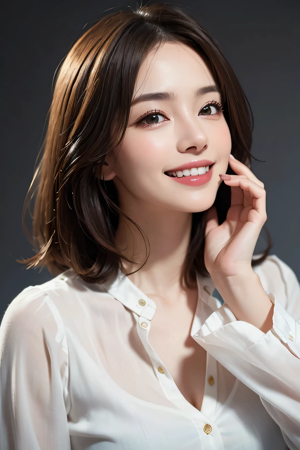 ((masterpiece)), ((Highest quality)), ((Complex)), ((Surreal)), (Realistic), (Mature Woman), ((No classes)), Very detailed, (1 female), Beautiful and exquisite, (Beautiful Teeth), Grin, Brunette bob hair, Brown eyes, ((blouse)), (Upper Body), (background:none), Perfect Eyes, Captivating eyes, Looking at the audience