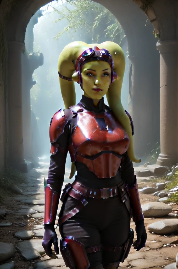 a ((fall body)) (((hera syndulla))) ((green skin )) ((female twi'lek ))mandalorian,walking on snow coverd ruins , ((green fire eyes )) , beautiful detailed eyes, beautiful detailed lips, extremely detailed face, long eyelashes, mandalorian armor, sci-fi, cinematic lighting, dramatic, epic, intricate details, hyper-realistic, 8k, high-quality, photorealistic
