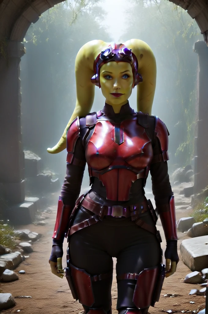 a ((fall body)) (((hera syndulla))) ((green skin )) ((female twi'lek ))mandalorian,walking on snow coverd ruins , ((green fire eyes )) , beautiful detailed eyes, beautiful detailed lips, extremely detailed face, long eyelashes, mandalorian armor, sci-fi, cinematic lighting, dramatic, epic, intricate details, hyper-realistic, 8k, high-quality, photorealistic