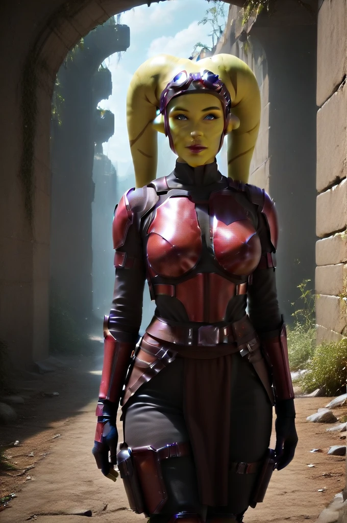 a ((fall body)) (((hera syndulla))) ((green skin )) ((female twi'lek ))mandalorian,walking on snow coverd ruins , ((green fire eyes )) , beautiful detailed eyes, beautiful detailed lips, extremely detailed face, long eyelashes, mandalorian armor, sci-fi, cinematic lighting, dramatic, epic, intricate details, hyper-realistic, 8k, high-quality, photorealistic