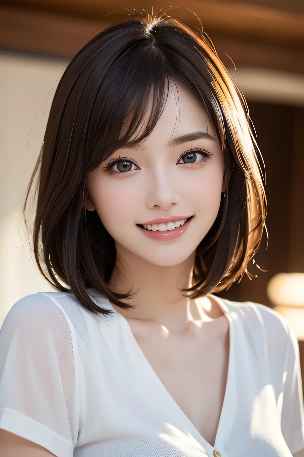 ((masterpiece)), ((Highest quality)), ((Complex)), ((Surreal)), (Realistic), (Mature Woman), ((No classes)), Very detailed, (1 female), Beautiful and exquisite, (Beautiful Teeth), Grin, Brunette bob hair, Brown eyes, ((blouse)), (Upper Body), (background:none), Perfect Eyes, Captivating eyes, Looking at the audience