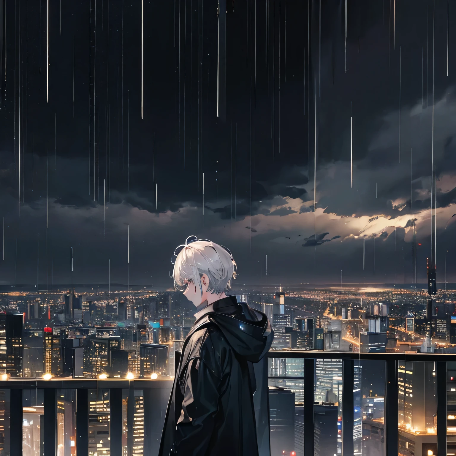 a boy, grey hair, looking out to the distant, night city, rain, black coat