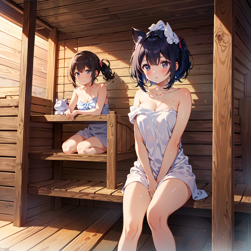 Masterpiece, highest quality, high resolution background, bright and beautiful atmosphere, 3 girls (, 1 short-tempered round face), 1 (hair, surface effects), small breasts, sitting in the sauna, wrapped in a towel Girls, a red-faced mini-pig in pain, a rolling mini-pig, "deltamon_sdXL :0.73) >Deltamon"