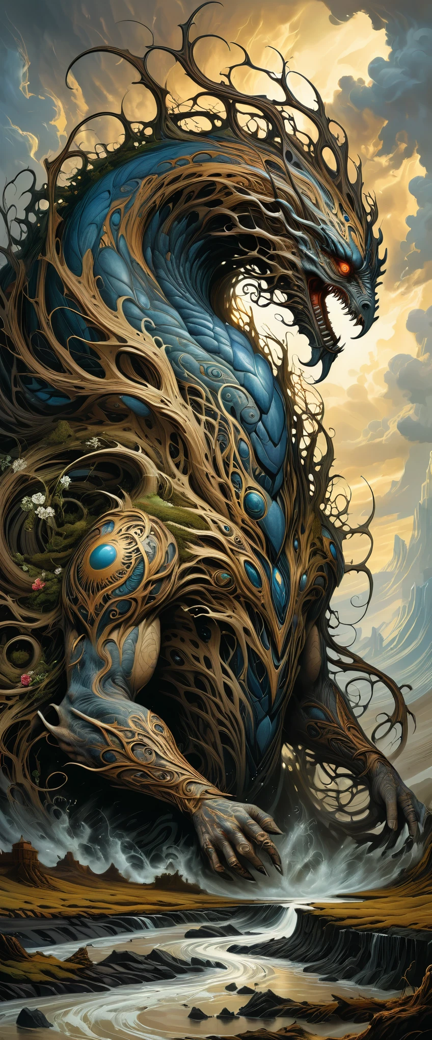 by Aaron Horkey, the majestic earth elemental emerges from the muddy ground, (((Element EARTH))), fantastical being's body composed of rich fertile soil adorned with intricate patterns resembling swirling vines and blooming flowers, extraordinary and visually striking work of art, high angle, cinematic lighting, cinematic, monster