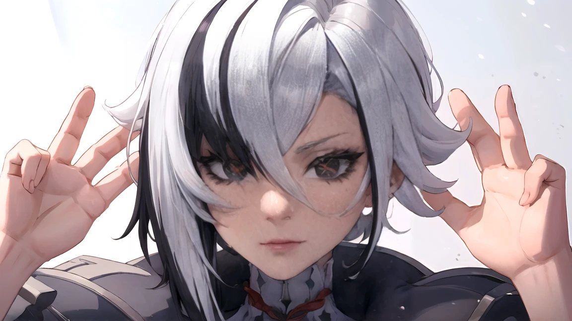 1 girl, thick outlines, comics, photorealistic, perfect hands, masterpiece:1.2, portrait, face close up, Focus on the eyes, red crosses instead of pupils, body and face close, ass pov, beautiful figure, red crosses instead of pupils, full length (full body 1.1), кафедральный cathedral, Dark, Gothic,  detailed background, snow, cathedral, 1 girl, One, White hair, black hair, multicolored hair, X-shaped pupils, black eyes, Arles_suit, , detailed background, detailed face, detailed eyes, 