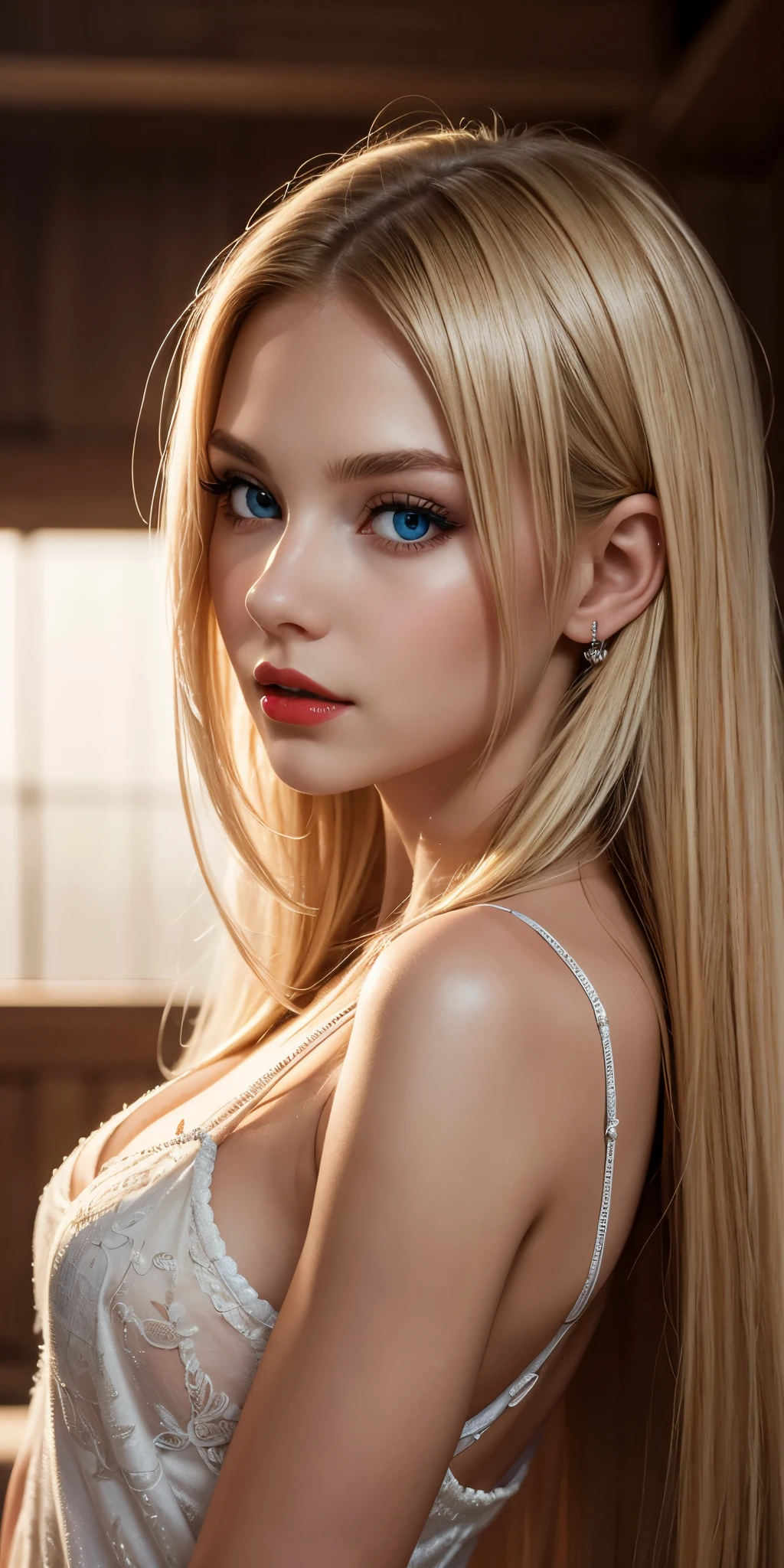 (Best quality,8k,high resolution,masterpiece:1.2),Digital Artwork, A girl，Delicate face，Delicate eyes，Mi blonde hair，Long straight hair，shiny blue eyes，Red lips，Men&#39;s white collar shirt，suspender long skirt，necklace，particle，dust，Slightly blush，shy，in love，looking at affectionately，(HD skin)，Cleavage，Shallow depth of field，Warm colors，Two-color light