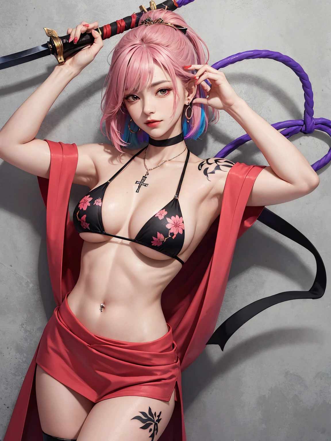 (Masterpiece, best quality, 1 girl, alone, complicated details, Chromatic aberration), realistic, ((Moderate breath)),long hair, pink hair, Red headpiece, Pink Highlights, hair on one eye,purple eyes, earring, sharp eyes, choker, Neon coat, She wears a collar, bangle, and kimono style garters., crop top, (symmetrical eyes),(Perfect symmetrical body),against the wall, Brick wall, (colorful graffiti words on the wall:1.2), The light is dim., alley ,Look at the viewer.、Dig the chest、smile、(sleeveless、Navel touch、Fitted turtleneck.)、street string hot pants、Thin bottom、Please build above the eaves..、Thin shoulders、Beautiful Thai-Melanesian woman, (), pretty face, red lips,
BREAK,
Athletic feminine body, Female fitness model body, Hard toned feminine body, (muscles: 1.2), (beautiful navel),
BREAK,
Mixed martial arts, Kung fu fighter, Japanese idol,
BREAK,
(wearing cute kimono: 1.3), Red high heels, necklace, earrings, short length,
BREAK,
Short hair, (Bob hair), (Bangs: 1.2), (Rainbow hair), (Wavy hair),
BREAK,
(Holding a very large sword in hand, Holding a sword handle in hand, Standing with a very large sword, Raising a very large sword: 1.4), (Samurai in a fighting stance),
BREAK,
(Large tattoos all over body, Japanese tattoos on 80% of the body: 1.4),
BREAK,
Masterpiece, Perfect lighting, Ultra high resolution, 8K, (Highly detailed: 1.4), From the front, looking at the camera, melancholy expression,
BREAK,
(Tokyo city, many people in the background), Tokyo city background,