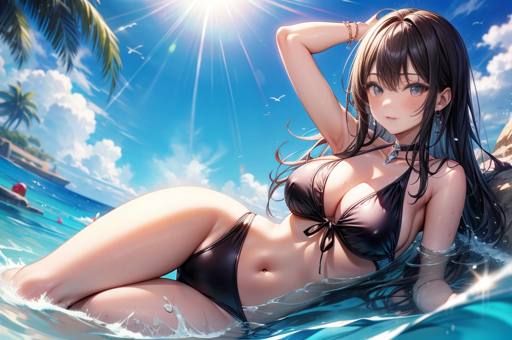 masterpiece, best quality, high quality, detailed, ultra detailed, hyper detailed, insanely detailed, exquisite, beautiful, FHD, Full-HD, 4K, 8K, 16K, highres, absurdres,summer girls!!,swim suit,(dynamic angle)