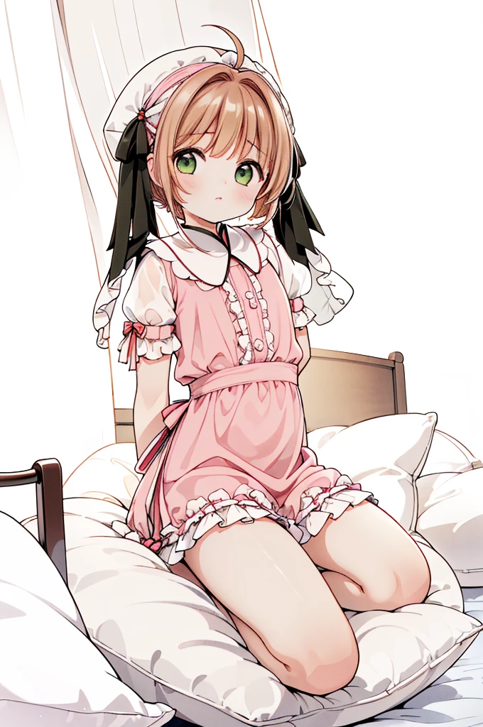 （masterpiece，best quality，best quality, masterpiece），Mine, , , (适合任何Pillow背景的光影））, 穿着公主裙的可爱女孩在Pillow上摆姿势 ，，,（很多Pillow），Soft cushion，，，，很多Pillow，，，（Pillow），（A tail），，（充满细节的Pillow），（Around the protagonist），steam，，（Pillow），（palace），（palace殿卧室），（Pillow），柔软的Pillow，，（Classical European style bedroom ），（excited，shy person，Lack of expressiveness，），，, ((Maximum resolution)), artwork, ，,,(Interior of the palace),,(Deluxe Rococo Canopy King Bed),Luxurious curtains with ornate ruffles and ribbons hang around the large bed.,((((床上堆满了许多Pillow)))),Quilt details,Detailed bed linen,Ruffled Bed Skirt,Deep Bed,Background with depth,((详细的Pillow)), ((((大量的Pillow))))，,，详细的软Pillow,,((女孩正躺在许多柔软的Pillow上,周围有许多Pillow))，。Many small feathers fluttering、 Long nightgown with ruffles and ribbons、In a huge, Large canopy bed、Soft pink sheets and quilt、色彩鲜艳的柔软Pillow、很多带褶边的Pillow和带褶边的床裙、Soft toned bed、Ruffled curtains around the bed.。Delicate face。Background with depth,Sakura Kinomoto,(Sakura Kinomoto, 1 Girl, Brown hair, short hair, Antenna hair, , Green Eyes),pillow hump,hump