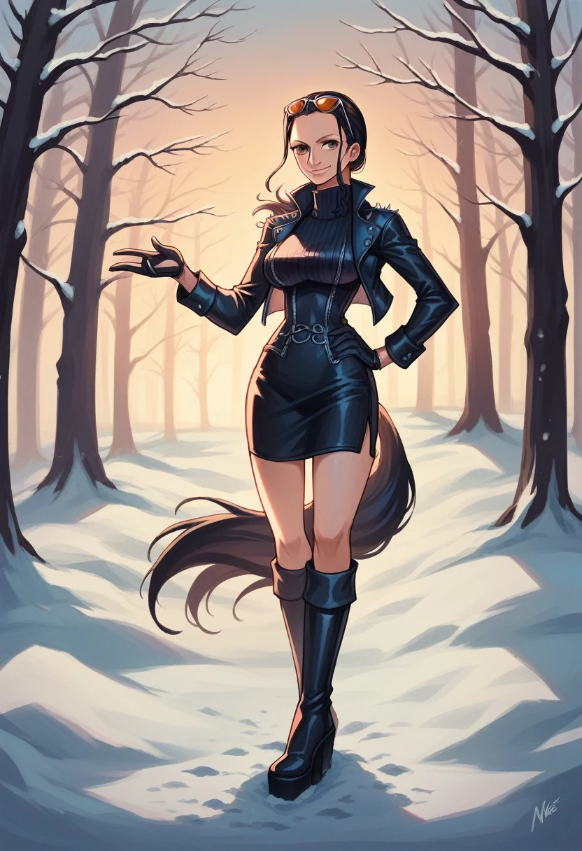 masterpiece, Nico Robin_post 1 girl, Alone, hand on hip, slicked back hair, glasses on head, leather jacket, turtleneck, Cowboys, short jacket, open jacket, thigh high platform boots, smile,  Horse tail, by the floating, Brown eyes, outdoor, snow, wind, forest, leather gloves