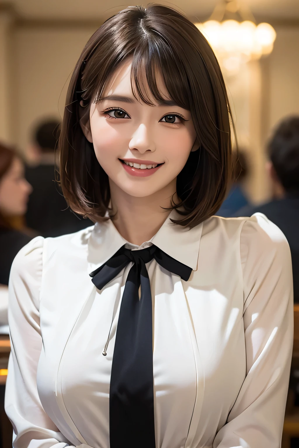 ((masterpiece)), ((Highest quality)), ((Complex)), ((Surreal)), (Realistic), (Mature Woman), ((No classes)), Very detailed, (1 female), Beautiful and exquisite, (Beautiful Teeth), Grin, Brunette bob hair, Brown eyes, ((blouse)), (Upper Body), (background:none), Perfect Eyes, Captivating eyes, Looking at the audience