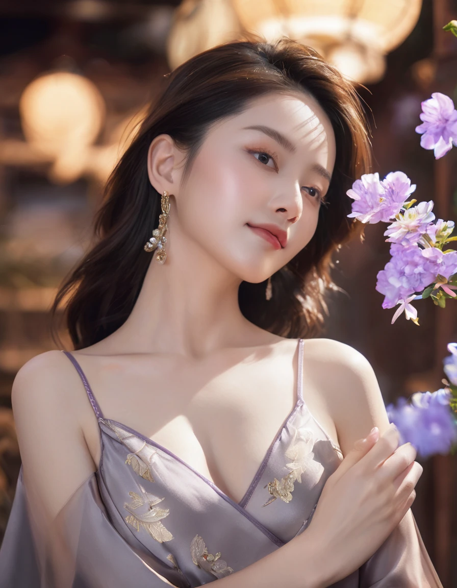 ( (8k:1.27), Best quality at best, tmasterpiece, Ultra-high resolution:1.2) photore,Beautiful Chinese woman (big breasts beautiful:1.1) (The clothes ar:1.21) ,ellegance、fanciful、the detail、geomerty、Gradient lighting,1girll, Delicate skin, looking at viewers, Brown eyes,ssmile ,(fashion brown long hair:1.2), , (medium areolae:0.8), (realisticlying:1.4), (Best picture quality:1.0), (Ultra-high resolution:1.0), 8k, RAW photos, (tmasterpiece:0.2), (pureerosface_v1:0.5),monosson vibes, wet surrounding, clothes
